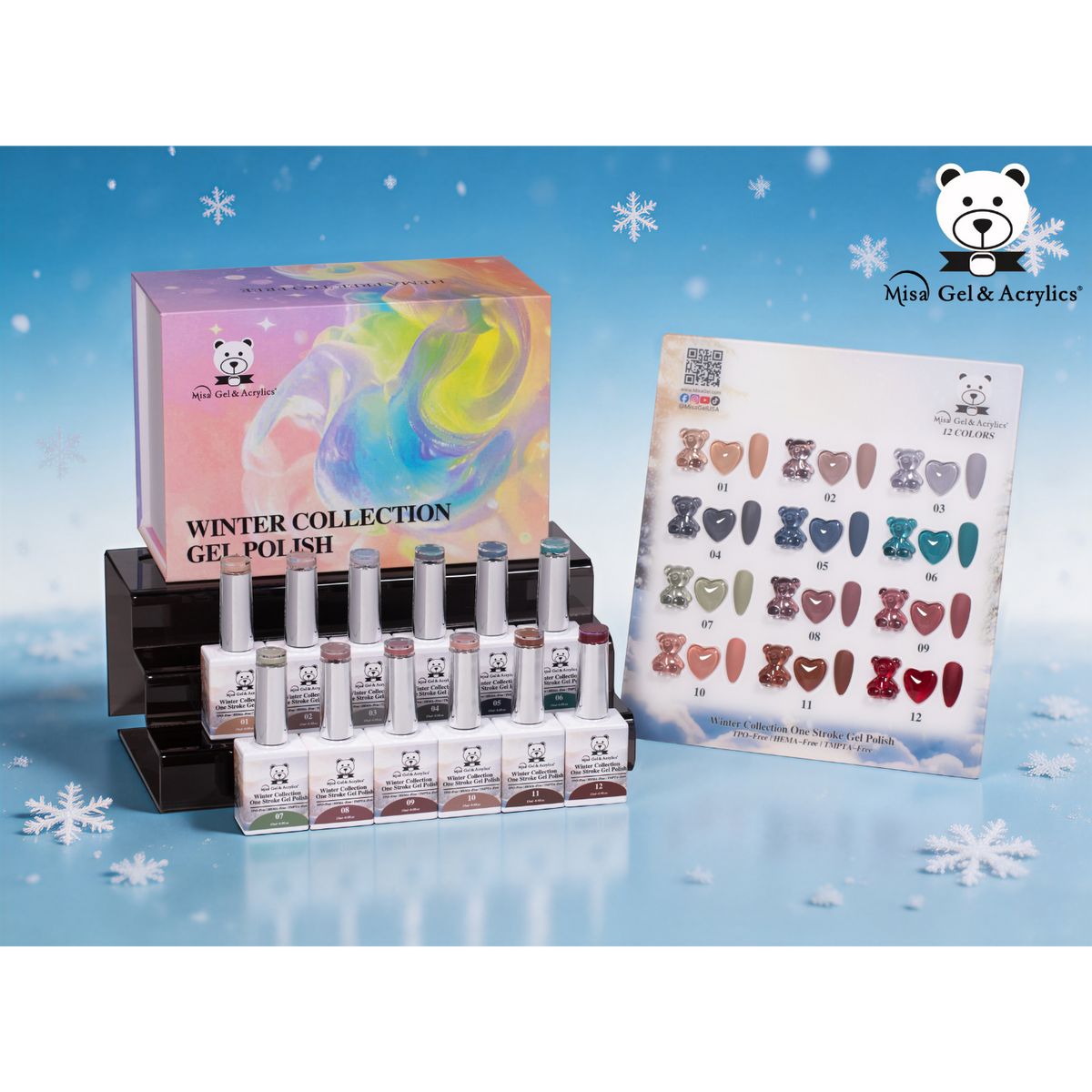 Misa Gel & Acrylics Winter Collection – 12 Color One Stroke Gel Polish Set – HEMA-Free & TPO-Free