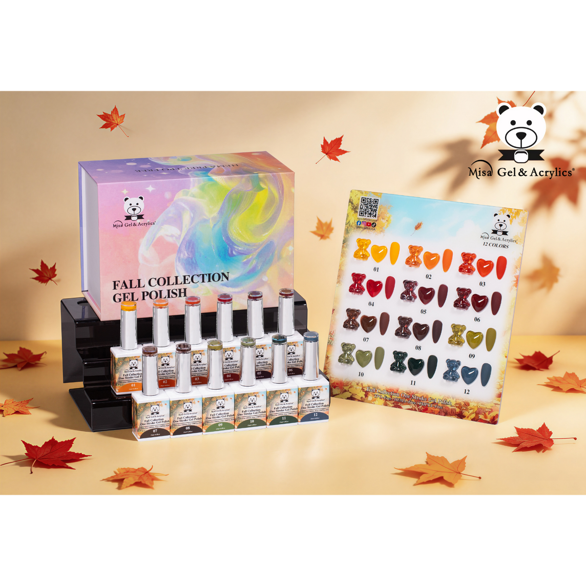 Misa Gel & Acrylics Fall Collection – 12 Color One Stroke Gel Polish Set – HEMA-Free & TPO-Free