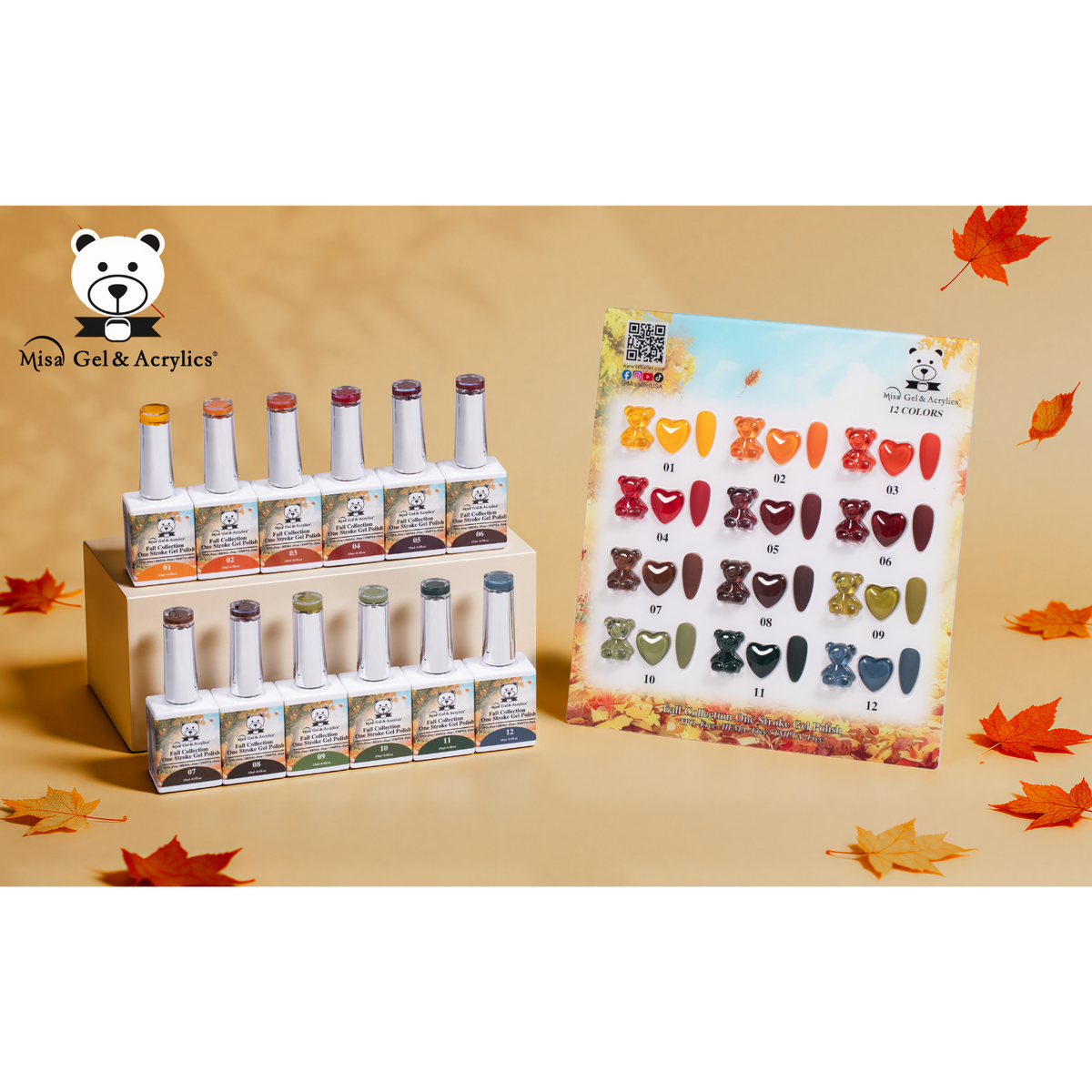 Misa Gel & Acrylics Fall Collection – 12 Color One Stroke Gel Polish Set – HEMA-Free & TPO-Free