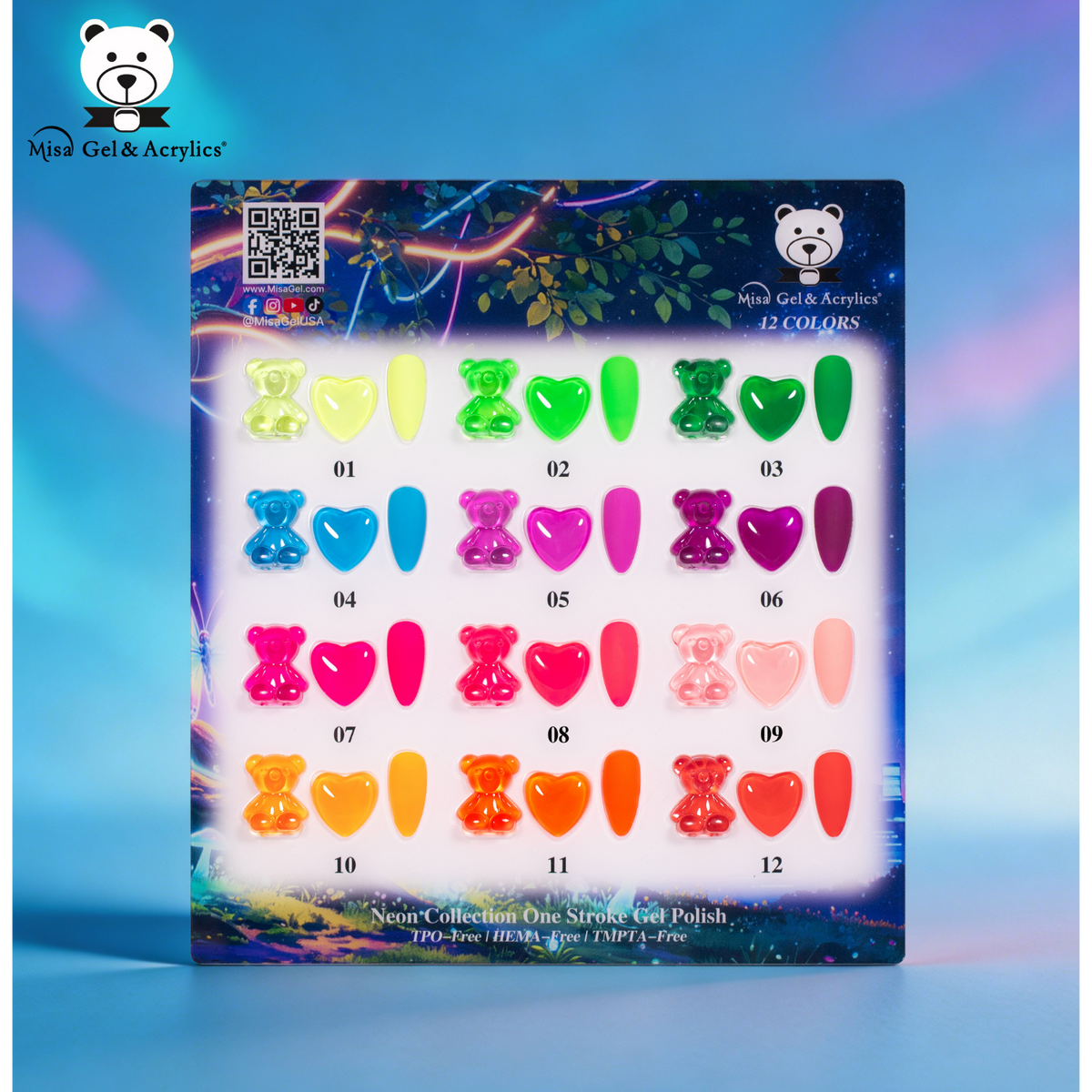 Misa Gel & Acrylics Neon Collection – 12 Color One Stroke Gel Polish Set – HEMA-Free & TPO-Free