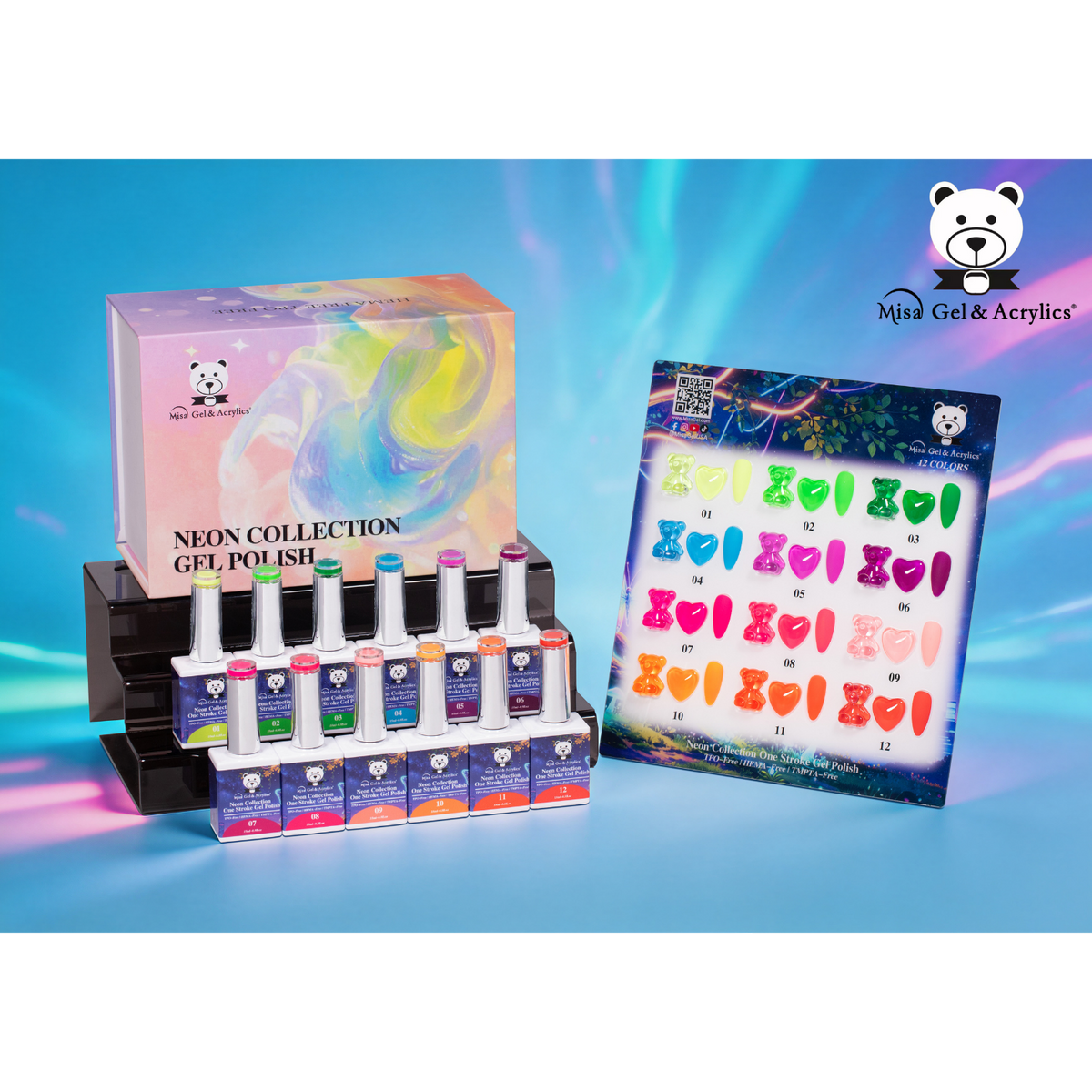 Misa Gel & Acrylics Neon Collection – 12 Color One Stroke Gel Polish Set – HEMA-Free & TPO-Free