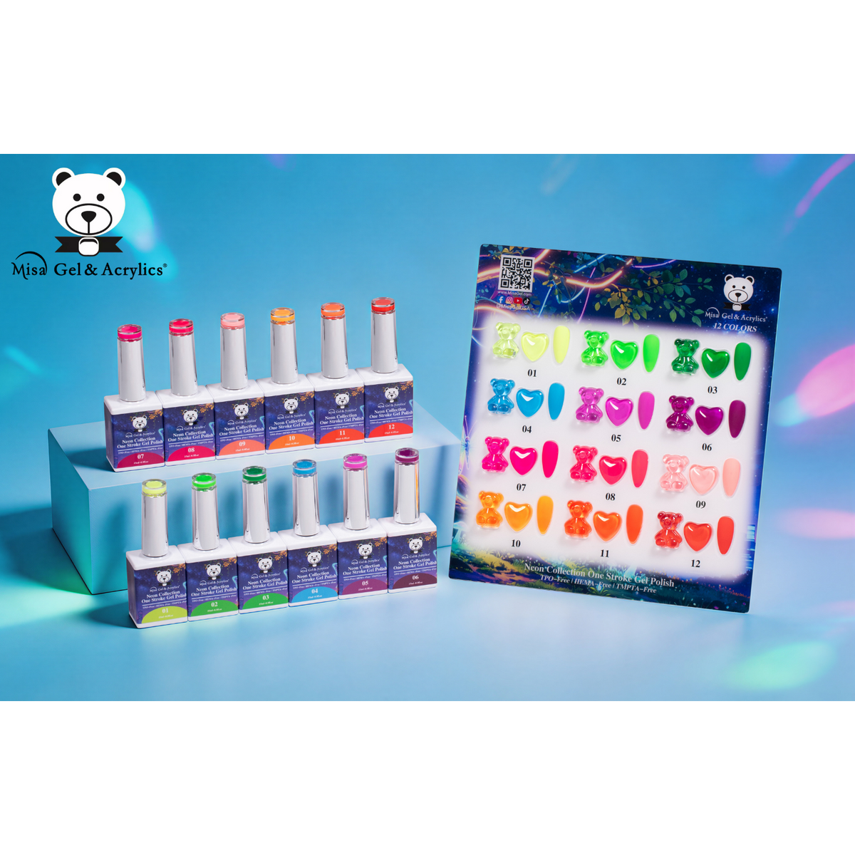 Misa Gel & Acrylics Neon Collection – 12 Color One Stroke Gel Polish Set – HEMA-Free & TPO-Free